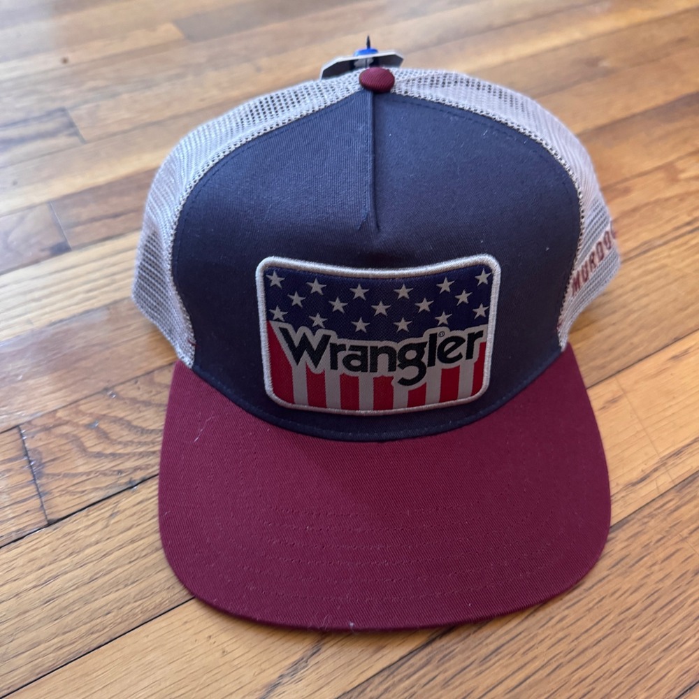 Wrangler American‎ Flag Patch Trucker Hat Navy Maroon Murdochs Snapback Cap NEW